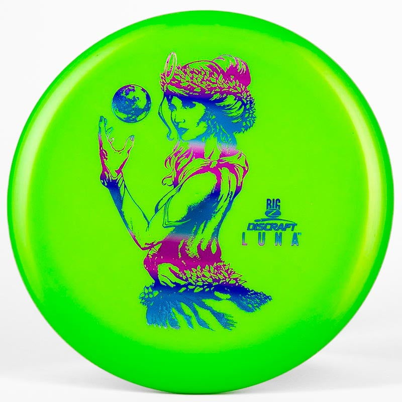 A lime green Discraft Luna putter